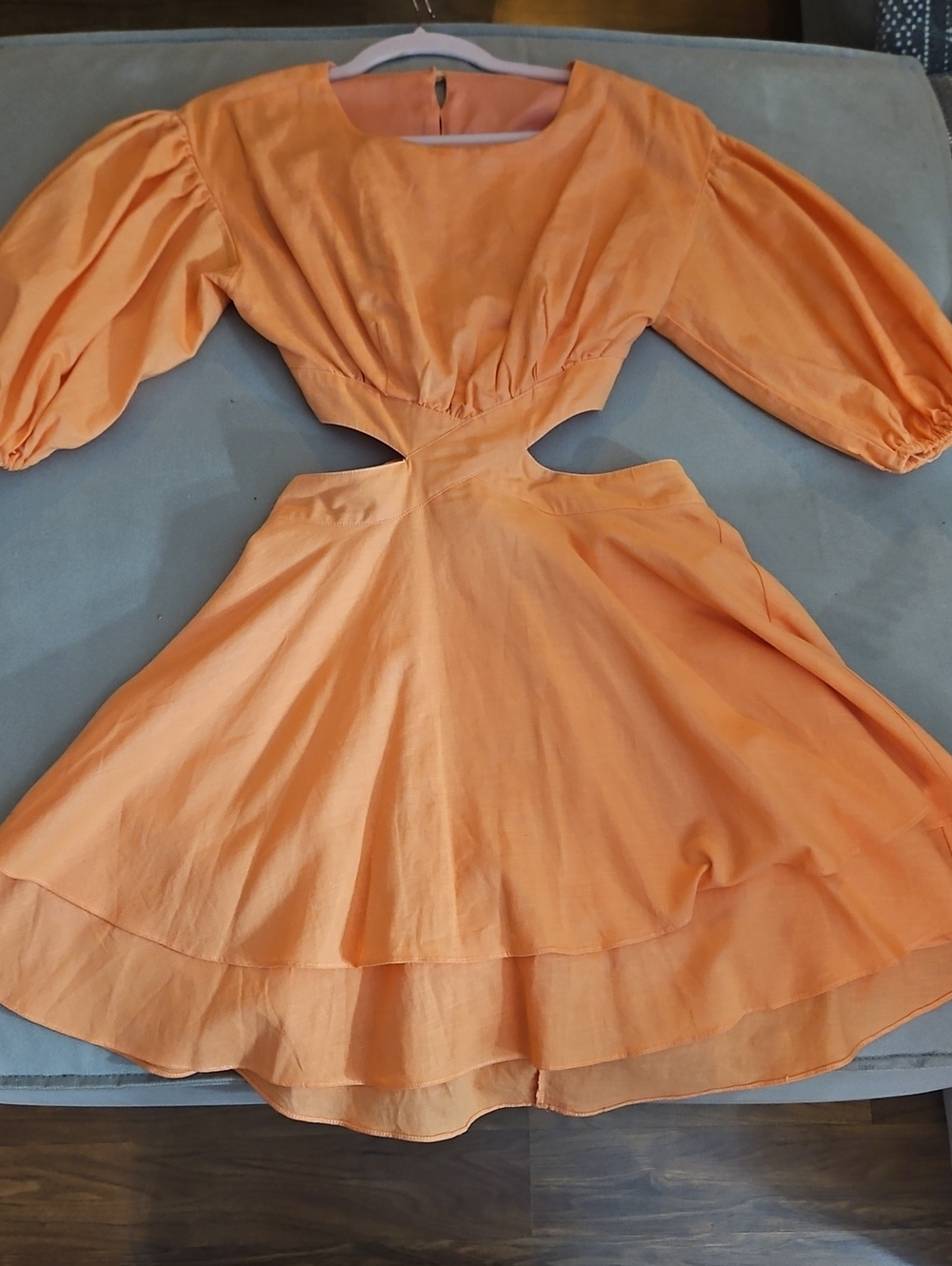 Linen Cutout Dress with Puff Sleeves in Peach Orange - Size Small